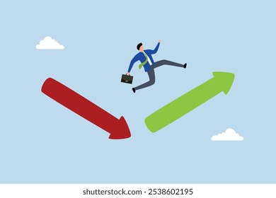 recover from crisis, A businessman investor is leaping from a red arrow to a soaring upwards arrow.