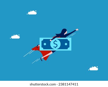 Recover from financial and investment crises. Businesswoman hero holding banknotes flying in the sky