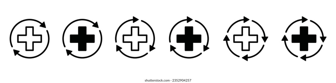 Ajuste de iconos planos y de línea de recuperación. Recuperado, saludable de nuevo, de vuelta a la salud, flecha de círculo con símbolo de icono de cruz roja. Ilustración vectorial de cuidado médico