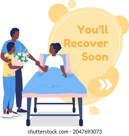 Recuperar pronto el cuadro de comillas vectoriales con carácter plano. Paciente visitante familiar. Atención de salud en el hospital. Burbuja del discurso con ilustración de caricatura. Diseño de comillas coloridas sobre fondo blanco
