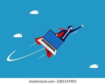 Recover from the technology crisis. Businessman hero holds laptop and flies in the sky