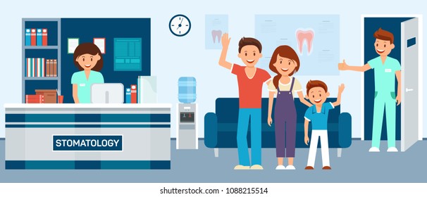 Recovered family after dental treatment in waiting room at dentist. Concept of healthy teeth. Tooth treatment concept. Vector illustration. Hygiene of oral cavity.