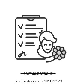 Recovered patient icon. Happy healthy immune person with hospital dismissal papers linear pictogram. Concept of coronavirus recovery and pandemic survivors. Editable stroke vector illustration