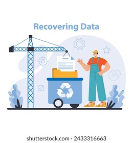 Recovering Data concept. Detailed depiction of data retrieval and restoration process. Emphasizing disaster recovery and data resilience strategies. Flat vector illustration.