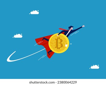 Recovering the digital financial crisis. Businessman hero holding digital coin soars in the sky