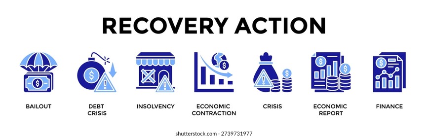 Recovery Action Icon Set Collection Pack Banner Web Vector Illustration Concept Containing Bailout, Debt Crisis, Insolvency, Economic Contraction, Crisis, Economic Report, Finance