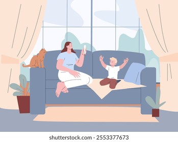 Recovery boy and happy mom with thermometer. Seasonal flu or cold is over. Mother son and cat sitting on sofa in living room, vector scene