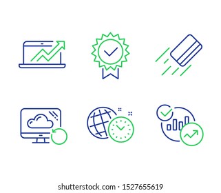 Recovery cloud, Certificate and Time management line icons set. Credit card, Sales diagram and Statistics signs. Backup info, Verified award, World clock. Bank payment. Education set. Vector
