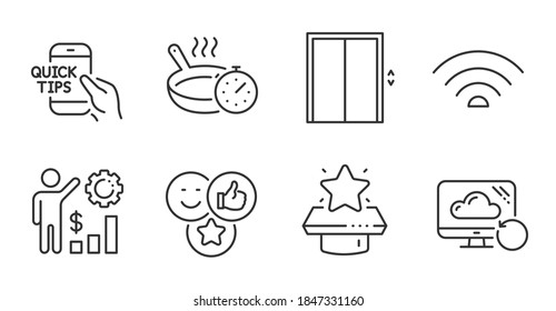 Recovery cloud, Education and Employees wealth line icons set. Lift, Frying pan and Wifi signs. Winner podium, Like symbols. Backup info, Quick tips, Results chart. Technology set. Vector