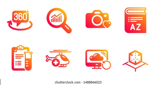 Recovery cloud, Medical analyzes and Data analysis line icons set. 360 degree, Photo camera and Vocabulary signs. Medical helicopter, Augmented reality symbols. Backup info, Medicine results. Vector