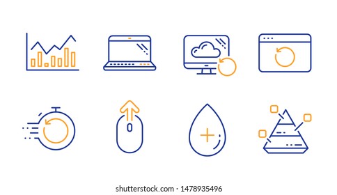 Recovery cloud, Oil serum and Infochart line icons set. Laptop, Fast recovery and Swipe up signs. Pyramid chart symbol. Backup info, Cosmetic care. Science set. Line recovery cloud icon. Vector