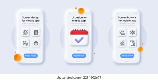 Recovery cloud, Vaccine report and Chemistry atom line icons pack. 3d phone mockups with calendar. Glass smartphone screen. Work, Qr code, Edit statistics web icon. Vector