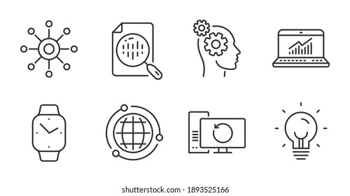 Equipo de recuperación, gráfico analítico e iconos de línea multicanal. Señales de estadísticas en línea, energía, pensamientos y energía. Smartwatch, símbolos de Globe. Información de copia de seguridad, análisis de informes, multitarea. Vector