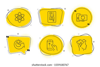 Recovery computer, Coffee vending and Mindfulness stress signs. Chat bubbles. Chemistry atom, Share idea and Swipe up line icons set. Laboratory molecule, Solution, Scrolling screen. Vector