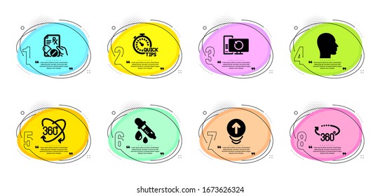 Recovery computer, Full rotation and 360 degrees signs. Timeline infographic. Swipe up, Prescription drugs and Chemistry pipette line icons set. Head, Quick tips symbols. Scrolling page, Pills. Vector