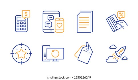 Recovery computer, Sale tags and Copy files line icons set. Calculator, Star target and Social media signs. Credit card, Startup rocket symbols. Backup info, Discount labels. Technology set. Vector