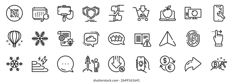 Recovery computer, Touchscreen gesture and Selfie stick line icons pack. Share, Message, Paper plane icons. Like, Loan percent, Snowflake web icon. Vector