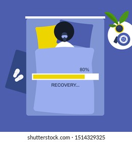 Recovery conceptual illustration. Young blac female character sleeping in bed. Technologies. Lifestyle. Loading bar. Millennials. Flat editable vector illustration, clip art