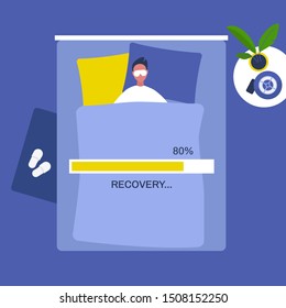 Recovery conceptual illustration. Young character sleeping in bed. Technologies. Lifestyle. Loading bar. Millennials. Flat editable vector illustration, clip art