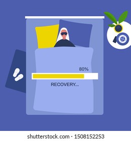 Recovery conceptual illustration. Young female character sleeping in bed. Technologies. Lifestyle. Loading bar. Millennials. Flat editable vector illustration, clip art