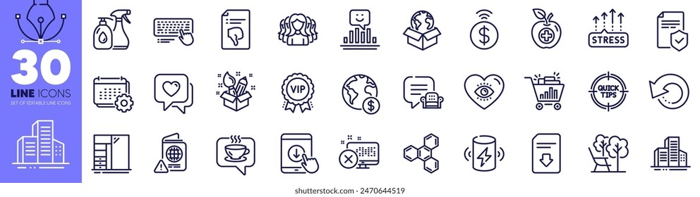 Recovery-Daten, chemische Formel und Kaffeelinien-Symbole Pack. Liegestuhl, Global Business, Calendar Web Symbol. Computertastatur, Herz, Kreativitätspiktogramm. Tipps, Gebäude, nach unten scrollen. Vektorgrafik