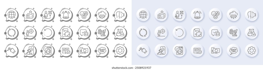 Recovery data, Cloud storage and Face id line icons. White pin 3d buttons, chat bubbles icons. Pack of Approved documentation, Auction, Washing machine icon. Vector