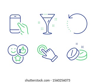 Recovery data, Cocktail and Touchscreen gesture line icons set. Like, Hold smartphone and Medical tablet signs. Backup info, Martini, Click hand. Social media likes. Business set. Vector