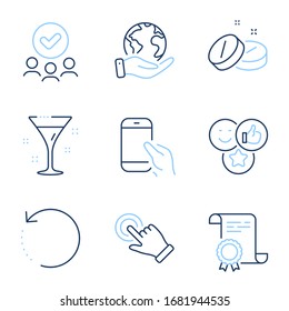 Recovery data, Cocktail and Touchscreen gesture line icons set. Diploma certificate, save planet, group of people. Like, Hold smartphone and Medical tablet signs. Vector
