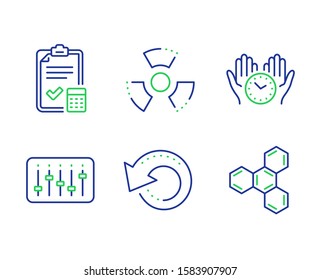 Recovery data, Dj controller and Chemical hazard line icons set. Safe time, Accounting checklist and Chemical formula signs. Backup info, Musical device, Toxic. Hold clock. Education set. Vector