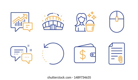 Recovery data, Employees messenger and Cleaning line icons set. Computer mouse, Dollar wallet and Accounting signs. Arena stadium, Attachment symbols. Backup info, Speech bubble. Vector