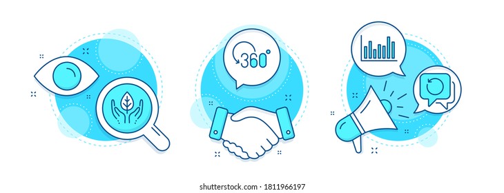 Recovery data, Full rotation and Bar diagram line icons set. Handshake deal, research and promotion complex icons. Fair trade sign. Backup info, 360 degree, Statistics infochart. Safe nature. Vector