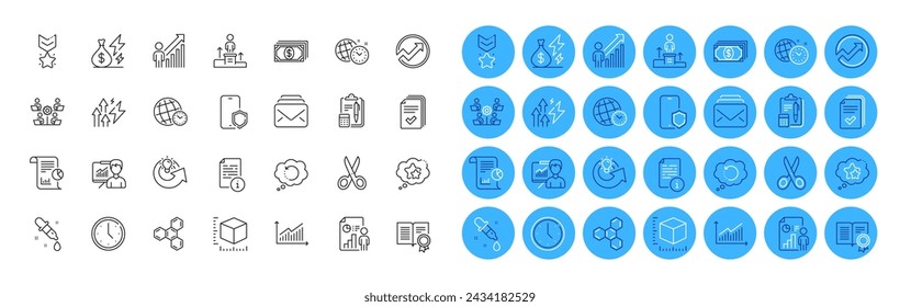 Recovery data, Handout and Package size line icons pack. Diploma, Time management, Chemical formula web icon. Presentation, Share idea, Energy inflation pictogram. Payment. Color icon buttons. Vector