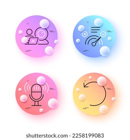 Recovery data, Microphone and Correct answer minimal line icons. 3d spheres or balls buttons. Video conference icons. For web, application, printing. Backup info, Mic, Approved. Vector