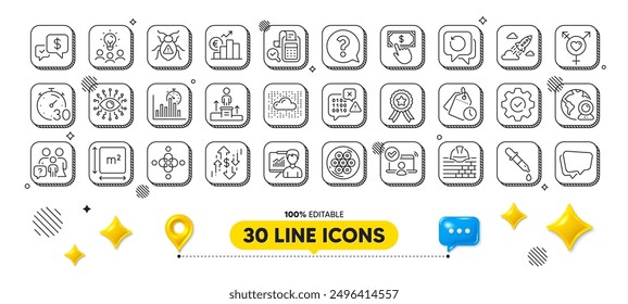 Recovery data, Payment received and Inclusion line icons pack. 3d design elements. Square area, Software bug, Startup rocket web icon. Business idea, Payment click, Family questions pictogram. Vector