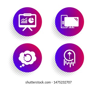 Recovery data, Presentation and Computer icons simple set. Halftone dots button. Swipe up sign. Backup info, Board with charts, Pc component. Scrolling page. Science set. Vector