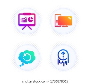 Recovery data, Presentation and Computer icons simple set. Button with halftone dots. Swipe up sign. Backup info, Board with charts, Pc component. Scrolling page. Science set. Vector