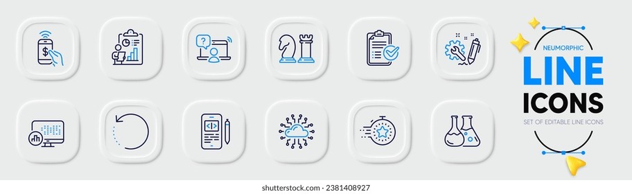 Recovery data, Report and Chemistry lab line icons for web app. Pack of Phone payment, Engineering, Survey checklist pictogram icons. Phone code, Online question, Timer signs. Vector