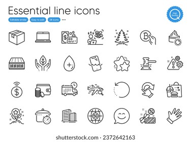 Recovery data, Search flight and Contactless payment line icons. Collection of Food delivery, Delivery, Christmas tree icons. Buildings, Judge hammer, Notebook web elements. Smile chat. Vector