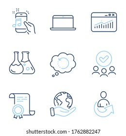 Recovery data, Share and Music phone line icons set. Diploma certificate, save planet, group of people. Website statistics, Chemistry lab and Laptop signs. Vector