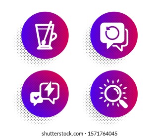 Recovery data, Tea mug and Lightning bolt icons simple set. Halftone dots button. Search sign. Backup info, Cup with teaspoon, Messenger. Find document. Business set. Vector