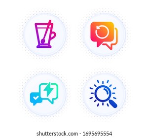 Recovery data, Tea mug and Lightning bolt icons simple set. Button with halftone dots. Search sign. Backup info, Cup with teaspoon, Messenger. Find document. Business set. Vector