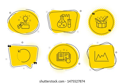 Recovery data, Technical documentation and Diagram signs. Chat bubbles. Drums, Chemistry lab and Creative idea line icons set. Drumsticks, Laboratory, Present box. Backup info. Education set. Vector