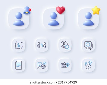 Iconos de línea de ideas de recuperación, usuario y educación. Marcador de posición con campana 3d, estrella, corazón. Administración de paquetes de tiempo, abogado, icono de negocios de trabajo en equipo. Mensaje de pago, pictograma de documento. Vector