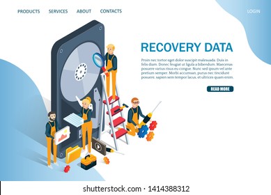 Recovery Data Vector Website Template, Web Page And Landing Page Design For Website And Mobile Site Development. Computer Hardware Services, Hdd Repair Concept.