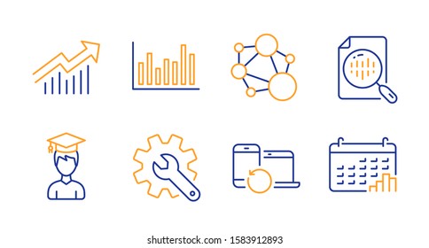 Recovery devices, Bar diagram and Analytics chart line icons set. Customisation, Integrity and Demand curve signs. Student, Calendar graph symbols. Backup data, Statistics infochart. Vector