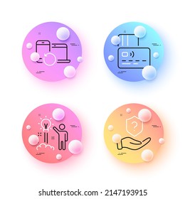 Recovery devices, Card and Protection shield minimal line icons. 3d spheres or balls buttons. Creative idea icons. For web, application, printing. Backup data, Bank payment, Insurance claim. Vector