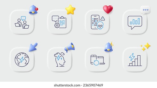 Recovery devices, Stress and Teamwork line icons. Buttons with 3d bell, chat speech, cursor. Pack of Electricity, Analytical chat, Clipboard icon. Consumption growth, Cyber attack pictogram. Vector