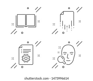 Recovery file, Book and Technical documentation line icons set. Face search sign. Backup document, E-learning course, Manual. Find user. Technology set. Line recovery file outline icon. Vector