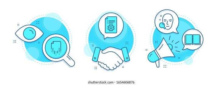 Recovery file, Book and Technical documentation line icons set. Handshake deal, research and promotion complex icons. Face search sign. Backup document, E-learning course, Manual. Find user. Vector