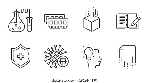 Recovery file, Medical shield and Ram line icons set. Chemistry lab, Feedback and Idea signs. Coronavirus, Augmented reality symbols. Quality line icons. Recovery file badge. Vector